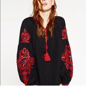 Zara Black Peasant Blouse with Red Embroidered Sleeves